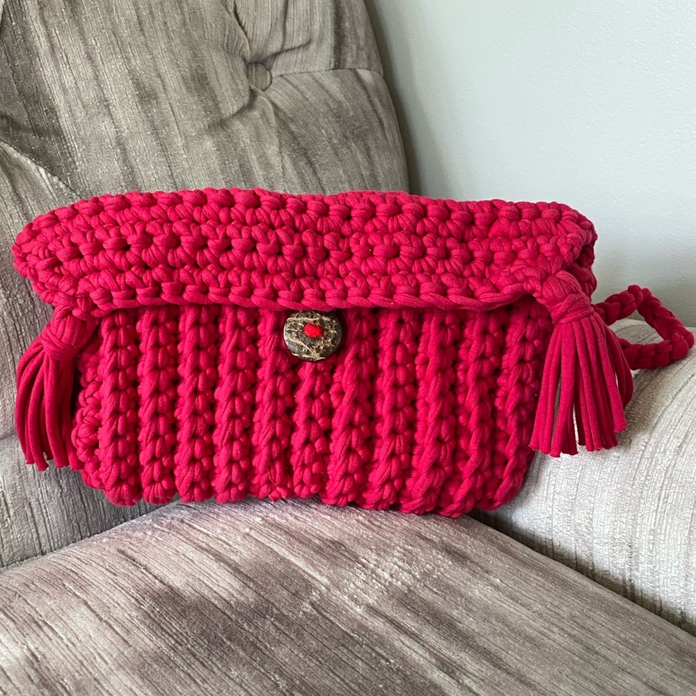 Hand knitted Garter Stitch flap clutch/wristlet